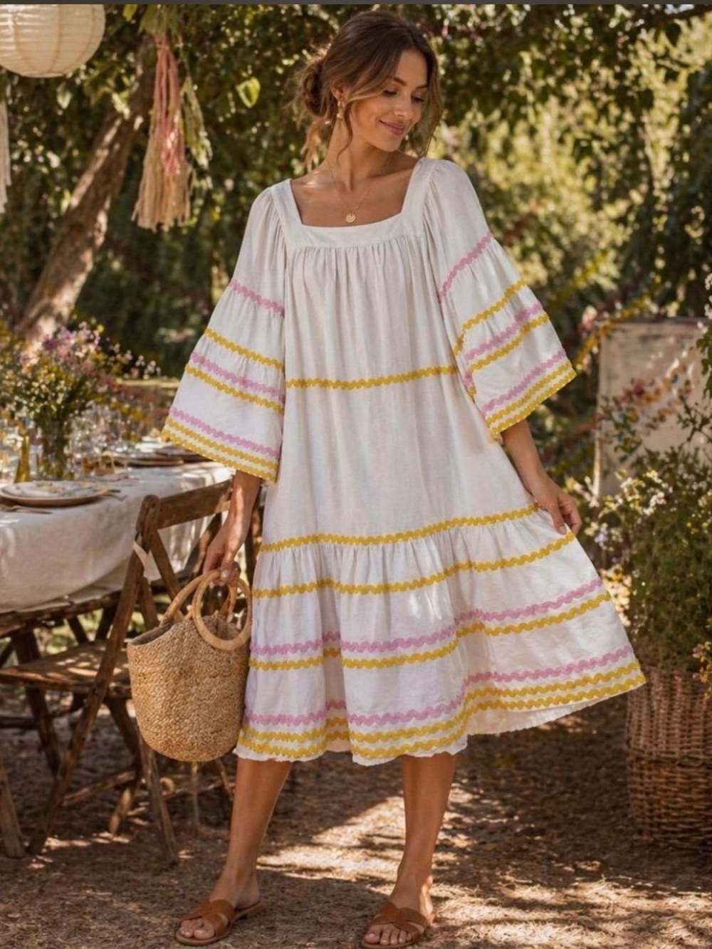 Lisa Marie Fernandez White Midi Dress with Pink & Yellow Trim